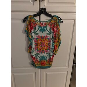 Moa Moa Women's Medium Floral Print Blouse Top Colorful